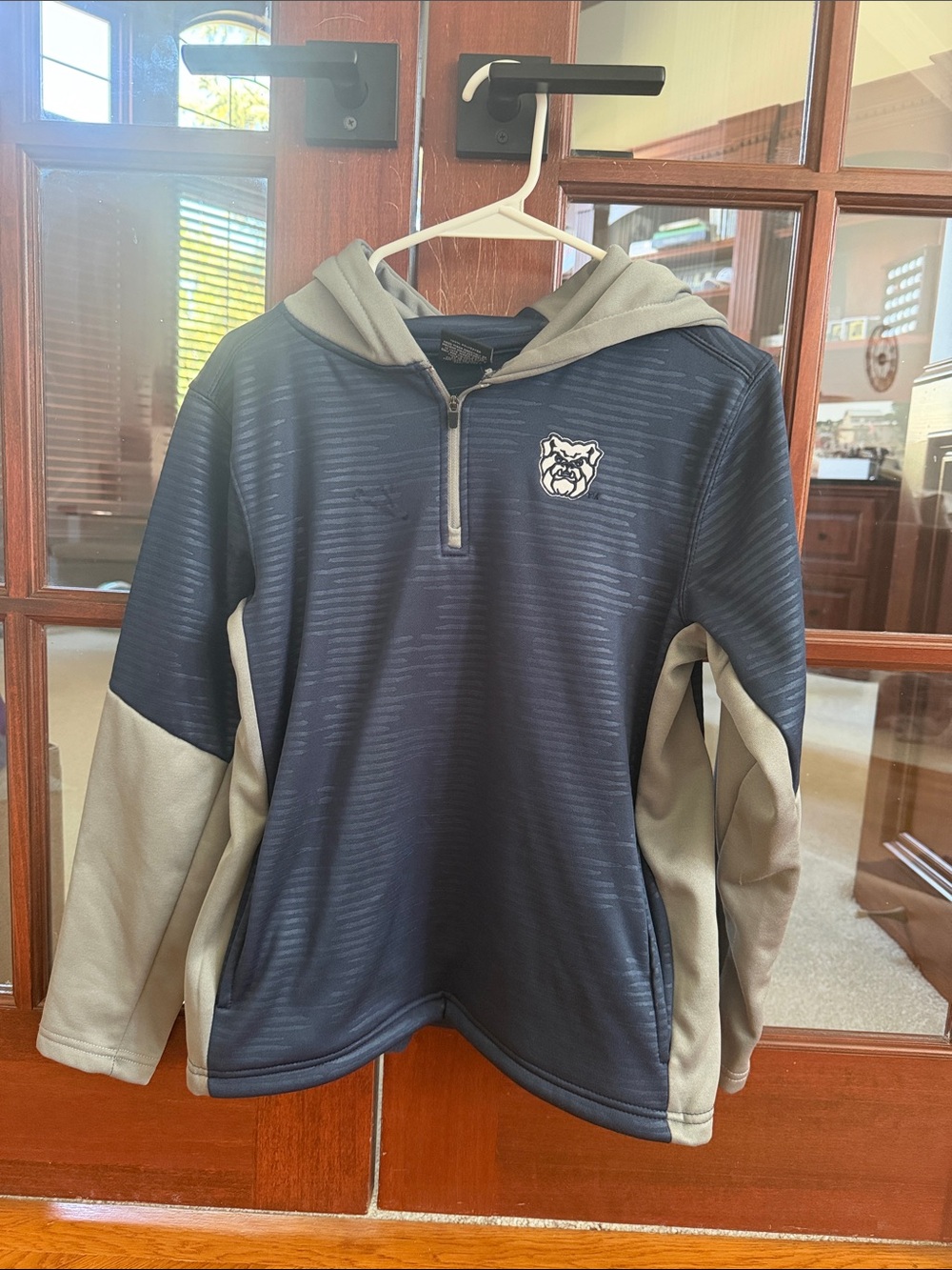 Youth Navy and Gray Hooded Pullover Sweatshirt with Bulldog Logo